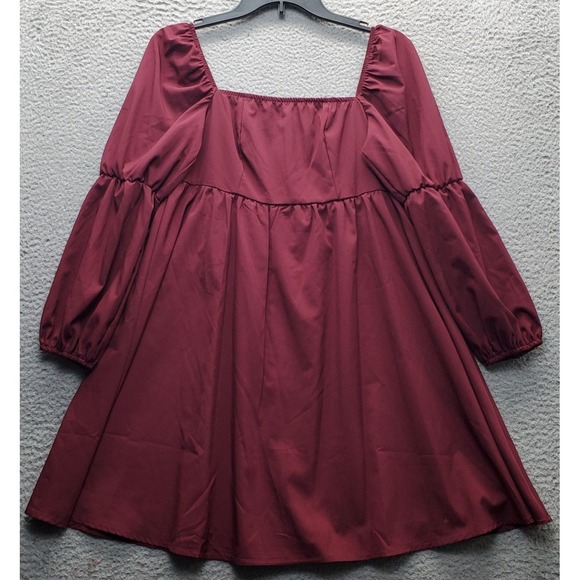 Exlura Dresses & Skirts - Exlura Dress Womens Medium Burgundy Balloon Sleeve Square‎ Neck Smocked Back Zip
